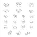 Open closed paper boxes outline. Vector cardboard boxes icon set. Isolated on white, simple graphic illustration. Packageing gift