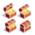 Open and Closed Pirate Chests Full of Gold Coins. Isometric Illustration Royalty Free Stock Photo