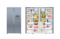 open and closed refrigerator fridge full of fresh food horizontal isolated