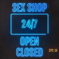 Open, Closed, Sex Shop, 24/7 Hours Neon Light on transparent background. 24 Hours Night Club / Bar / Sex Shop Neon Sign . Vector Royalty Free Stock Photo