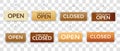 Open and closed signboards icon set. Announcement banner, information signage, board. Wooden hanging door sign for cafe Royalty Free Stock Photo