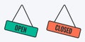 Open and closed signs icons. Set of vector illustrations of open and closed door signboards. Green and red hanging signboards for Royalty Free Stock Photo