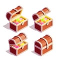 Open and Closed Treasure Chests Full of Colorful Gemstones. Isometric Illustration