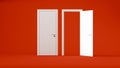 Open and closed two white doors on a red background, metaphor of choice or path Royalty Free Stock Photo