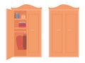 Open and closed wardrobe at home. Wooden cupboard or closet for storage of clothes in room vector illustration. Modern