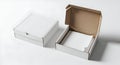 Open and Closed White Boxes with Paper on White Background, Top View Royalty Free Stock Photo