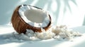 Open coconut with shredded coconut flakes spilling on white table Royalty Free Stock Photo