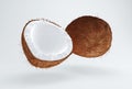 Open Coconut and Whole Coconut on a White Studio Background.