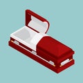 Open coffin isometrics. Wooden casket for burial. Red hearse. Re