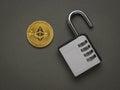 An open combination lock and a digital coin isolated on a white background