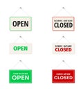 Open, come in, sorry we are closed hanging signs on door set in realistic style. Store boards, plaque. Royalty Free Stock Photo