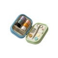 Open compact sewing kit with colorful thread spools needles scissors and buttons inside case on transparent background Royalty Free Stock Photo