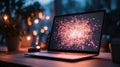 Open computer displays connection of neural networks. Glowing light points appear on screen. Technology concept showing linked Royalty Free Stock Photo