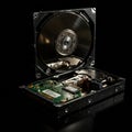 An open computer hard drive is displayed, revealing its internal components on a Royalty Free Stock Photo
