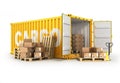 Open container pallets with boxes and hand truck