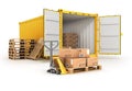 Open container pallets with boxes and hand truck