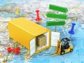 Open container with road sign and forklift stacker loader holding cardboard boxes on the world map. Transportation concept.