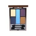 Open cosmetic set with eye shadows and applicators in black brown plastic case