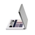 Open cosmetic set with eye shadows, makeup brushes and applicators in silver plastic case