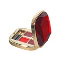 Open cosmetic set with lipstick and applicators in red golden plastic case Royalty Free Stock Photo