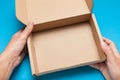 Open craft delivery box, cardboard parcel. Copy space for text