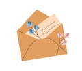 Open craft envelope with handwritten paper letter. Spring mail with flowers. Handmade correspondence. Flat vector Royalty Free Stock Photo