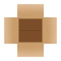 Open crate boxes top view, cardboard box brown, flat style cardboard parcel boxes empty, packaging cargo open, isometric boxes Royalty Free Stock Photo