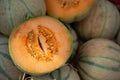 Open cut Charentais melon on market pile Royalty Free Stock Photo