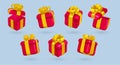 Open 3d birthday gift box. Presents different angle view, render objects, red surprise prize with golden bow and ribbon