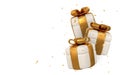 Open 3D realistic gift box with gold ribbon and bow on white background. Vector illustration Royalty Free Stock Photo