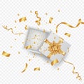 Open 3d realistic gift box with gold ribbon and confetti. Vector illustration.