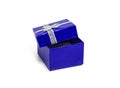 Open dark blue gift box with silver ribbon isolated on white background Royalty Free Stock Photo