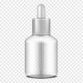 Open dark clear thick glass bottle with dropper cap on transparent background, realistic mockup. Beauty or medical product Royalty Free Stock Photo