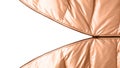 Open dark metal zipper on winter down jacket in trendy color 2024 Peach Fuzz. Detail of trendy metal color jacket with open zipper