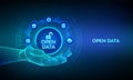 Open data database icon in robotic hand. Digital file storage system software. Online documentation database technology concept on Royalty Free Stock Photo