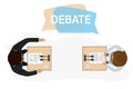 Open debates before vote. Cartoon leaders of opposing political parties conducting discussion on public debates