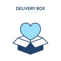 Open delivery box flat isometric icon. Vector illustration of an open gift box with heart shape symbol inside. Postal service logo Royalty Free Stock Photo