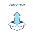 Open delivery box flat isometric icon. Vector illustration of an open box with an outward arrow. Unboxing, parcel package, Royalty Free Stock Photo