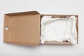 Open delivery carton box, corrugated cardboard. Container packing. Copy space for text