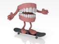 Open denture with arms and legs on skateboard