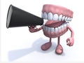 Open denture cartoon with arms, legs and megaphone