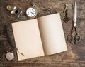 Open diary book and antique writing tools on wooden background Royalty Free Stock Photo