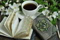 Open diary book with cup of tea and blooming apple tree branches on table Royalty Free Stock Photo