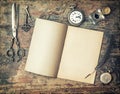 Open diary book and vintage writing tools feather pen Royalty Free Stock Photo