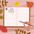 Open Daily Diary notepad, hand of a girl with a pencil, list schedule, goals, to do, acorn, autumn leaves. Personal