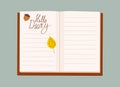 Open Daily Diary notepad, list schedule, goals, to do, acorn, autumn yellow leaf. Personal planning and organisation Royalty Free Stock Photo