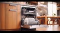 Open dishwasher with clean dishes at home kitchen Royalty Free Stock Photo