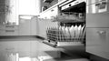 Open dishwasher with clean dishes at home kitchen Royalty Free Stock Photo