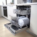 Open dishwasher with clean dishes inside. AI Royalty Free Stock Photo