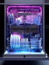 Open dishwasher with clean dishes inside. AI Royalty Free Stock Photo